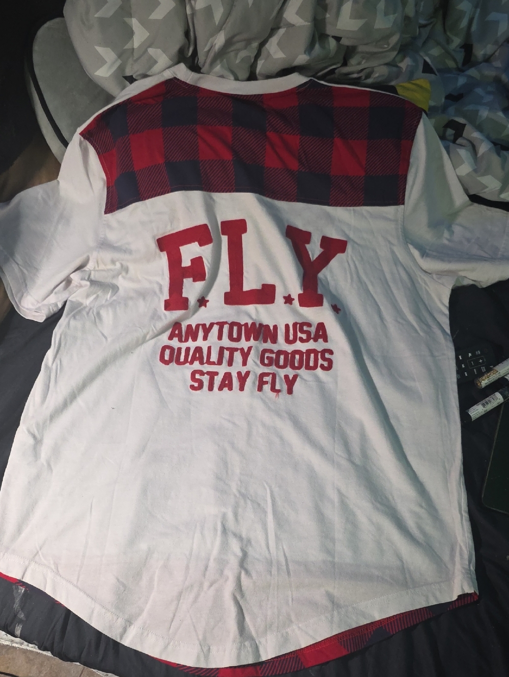FLY Graphic Tee with Red Plaid Yoke